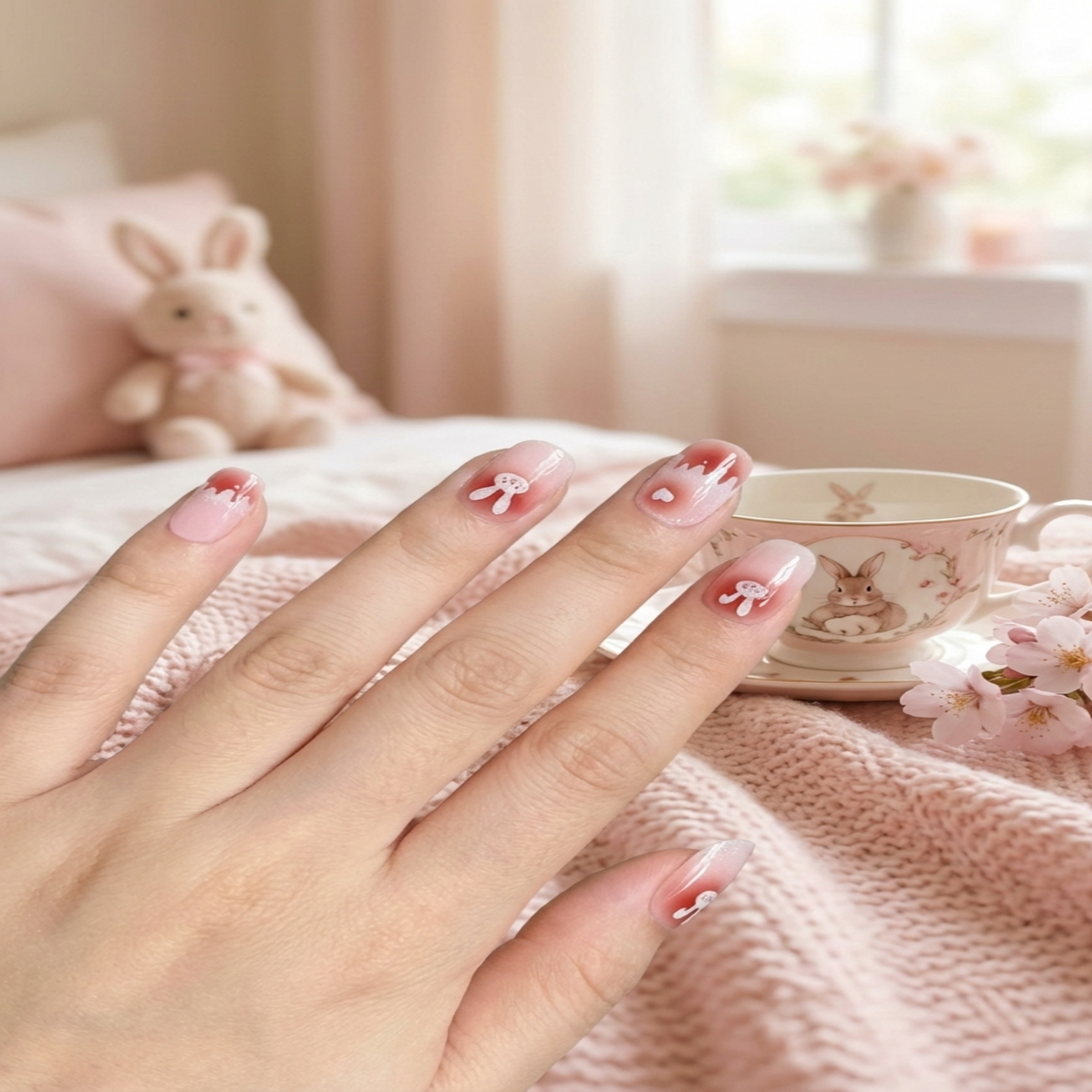 Hand with decorative nail art in a cozy setting with a teacup and flowers.