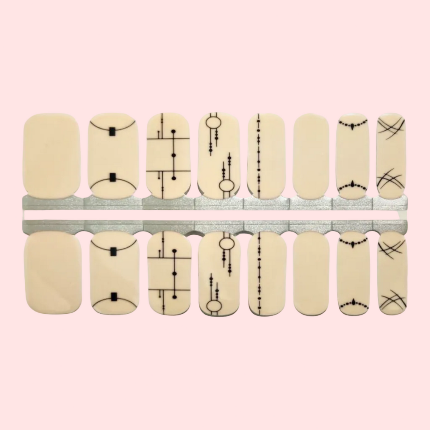 Set of nail wraps with decorative patterns on a white background