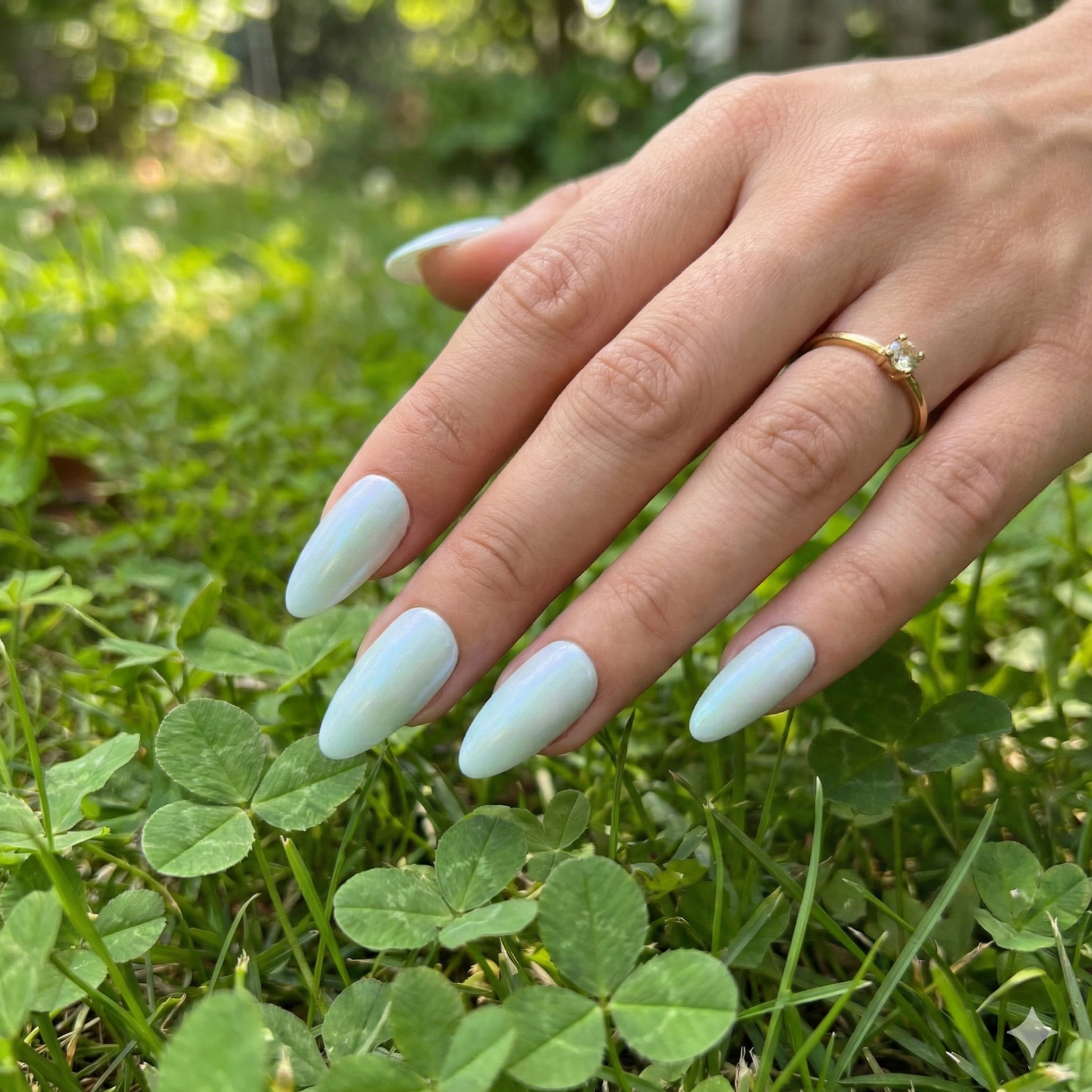Hand with light blue nail polish on a background of green grass and clover leaves