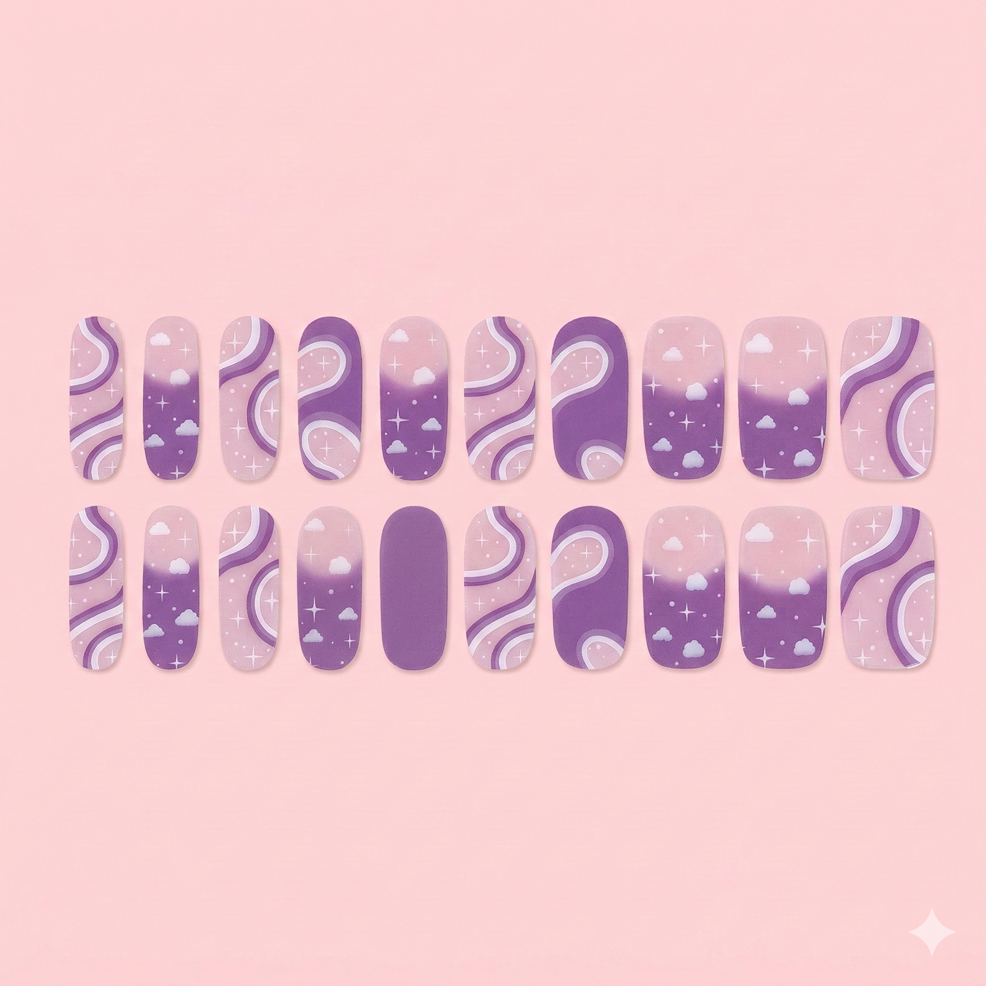 Set of purple and pink nail art designs on a pink background