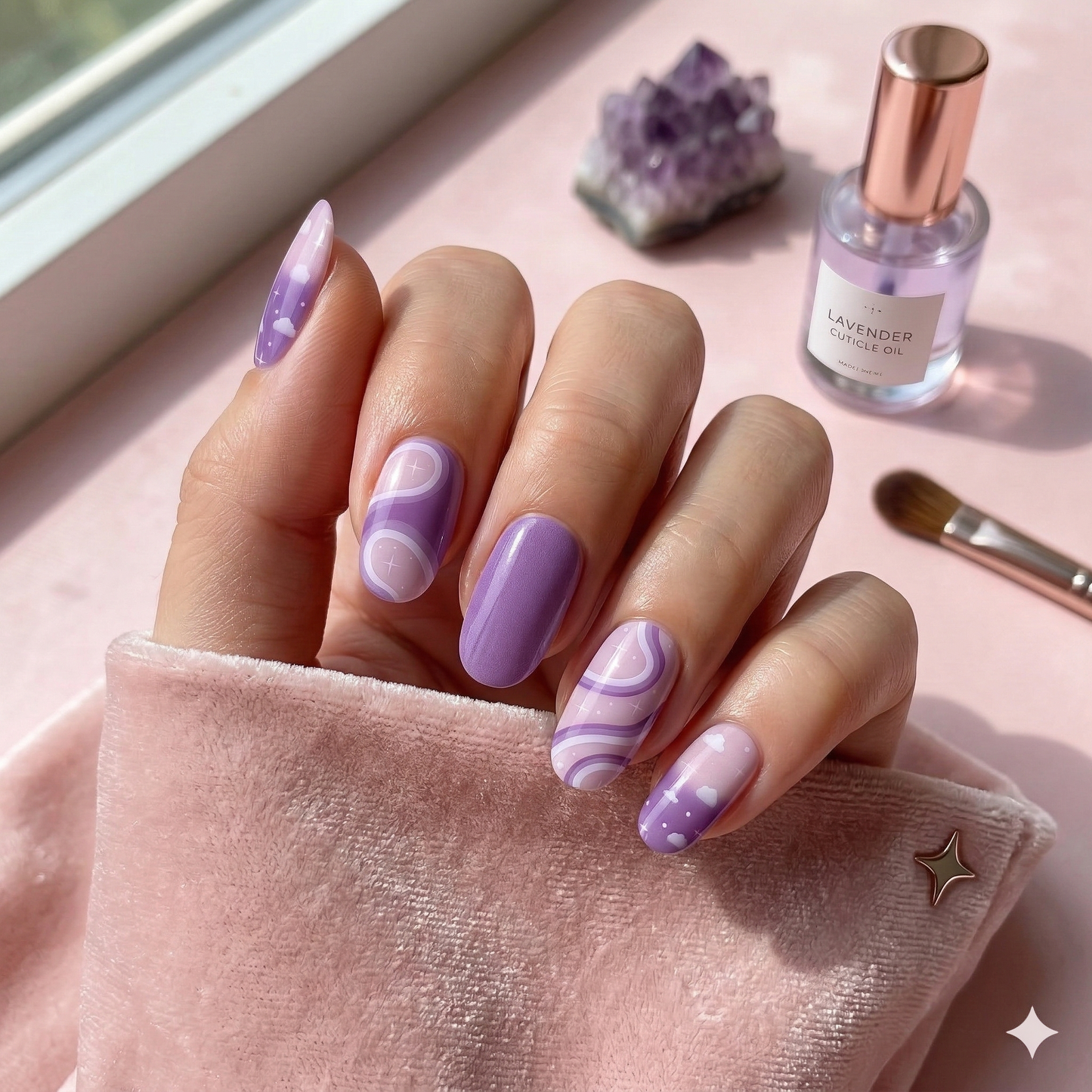 Hand with purple and white marbled nail design, lavender nail polish bottle, and amethyst crystal on a pink surface.