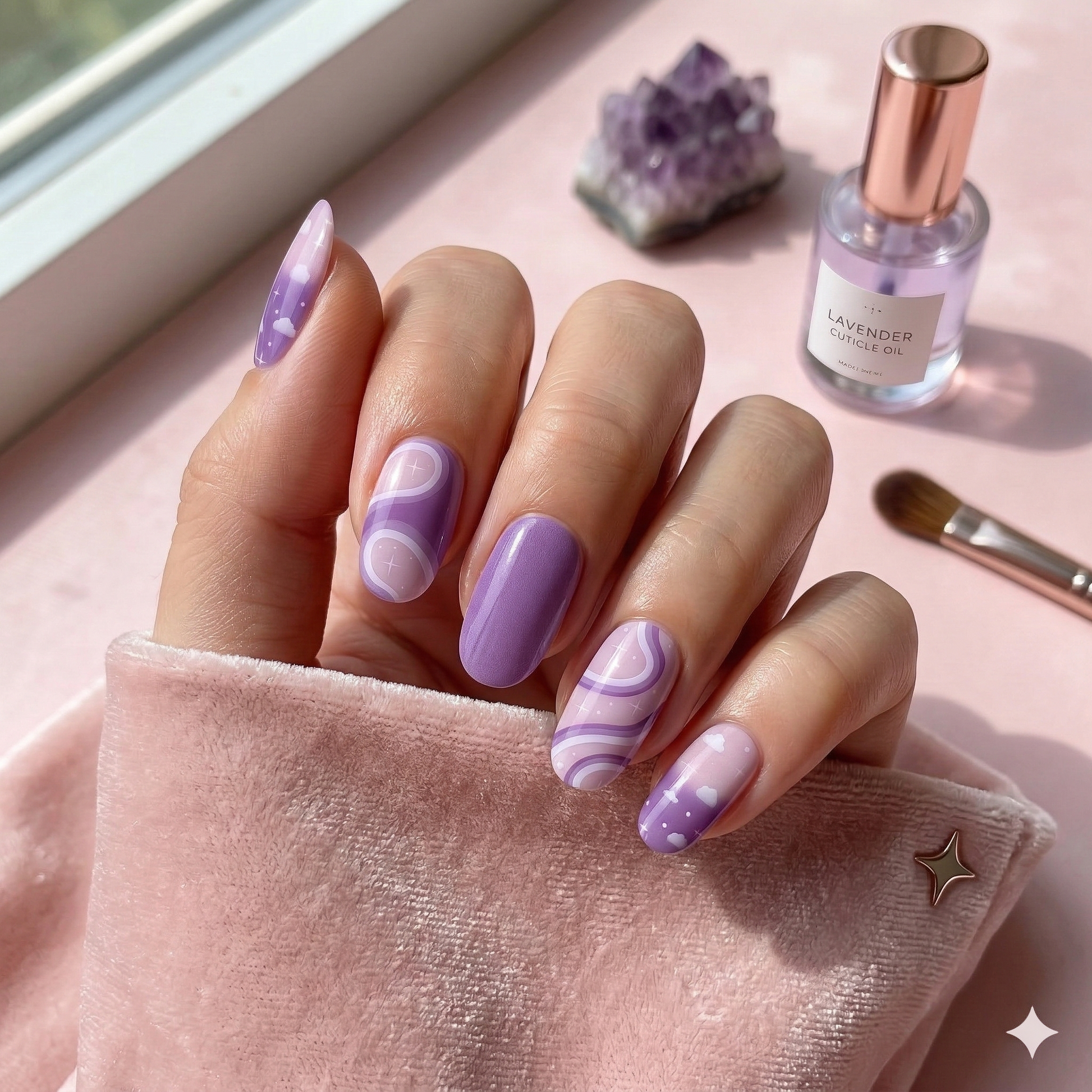 Hand with purple and white marbled nail design, lavender nail polish bottle, and amethyst crystal on a pink surface.