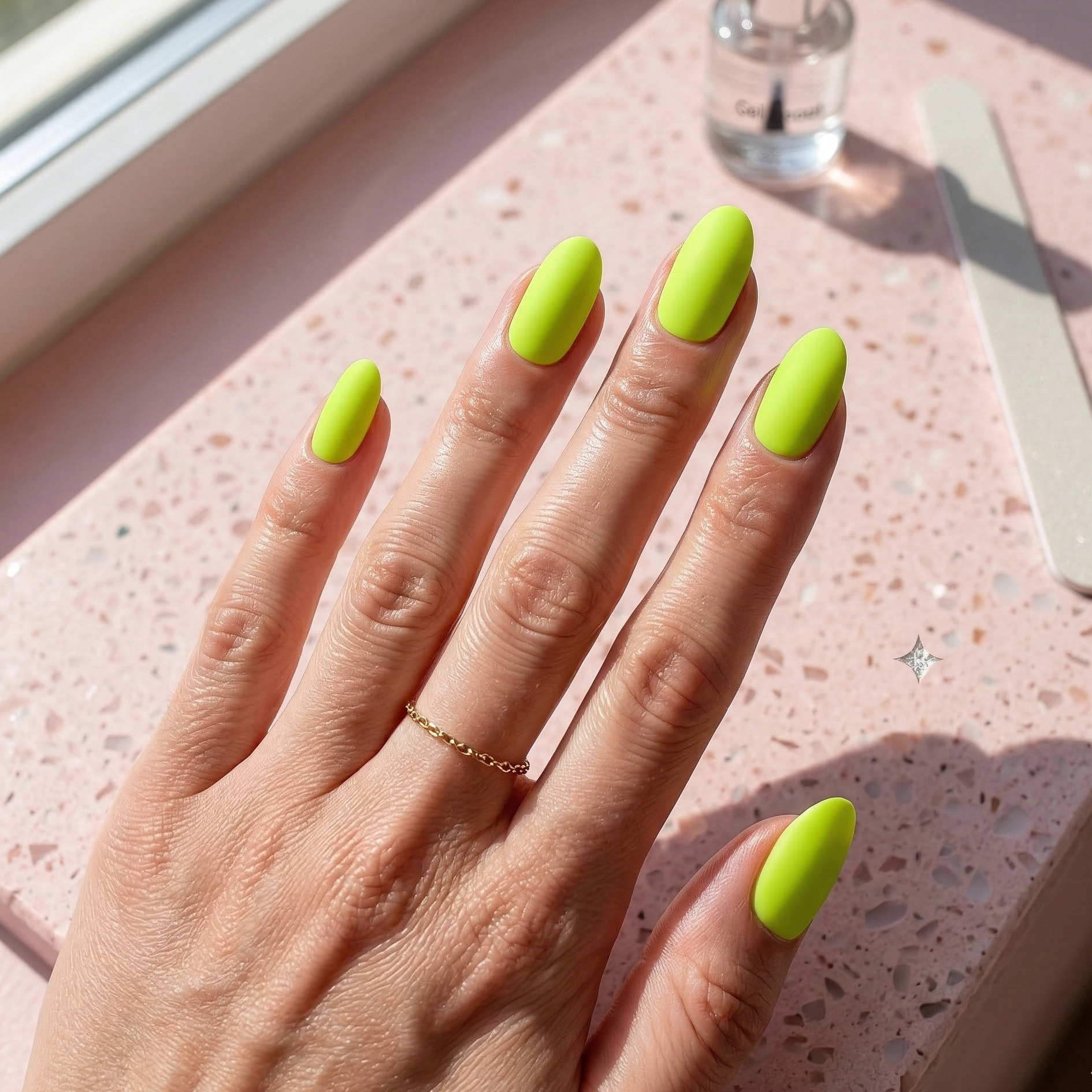 Hand with bright green nails on a pink speckled countertop