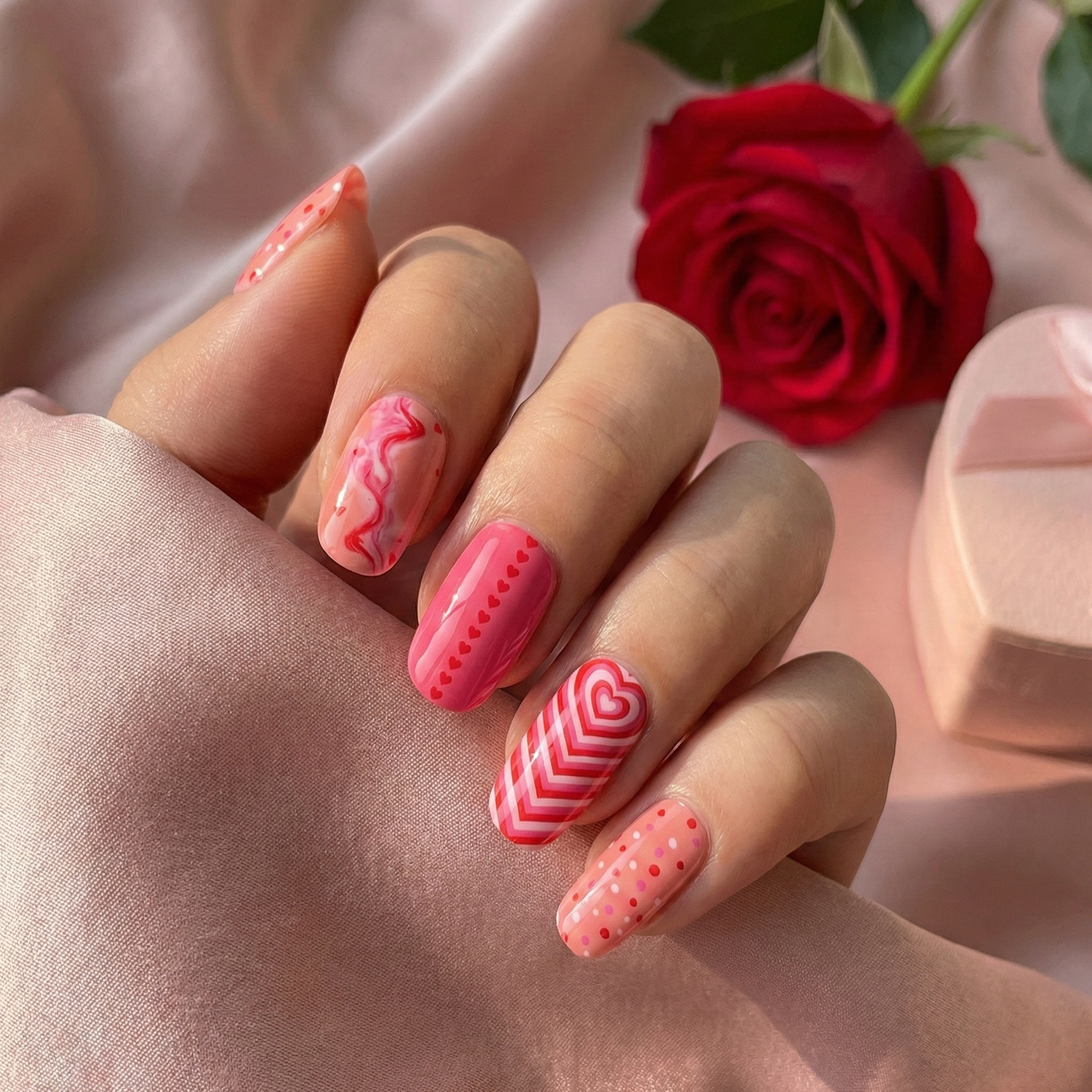 Hand with pink nail art holding a red rose on a soft pink background