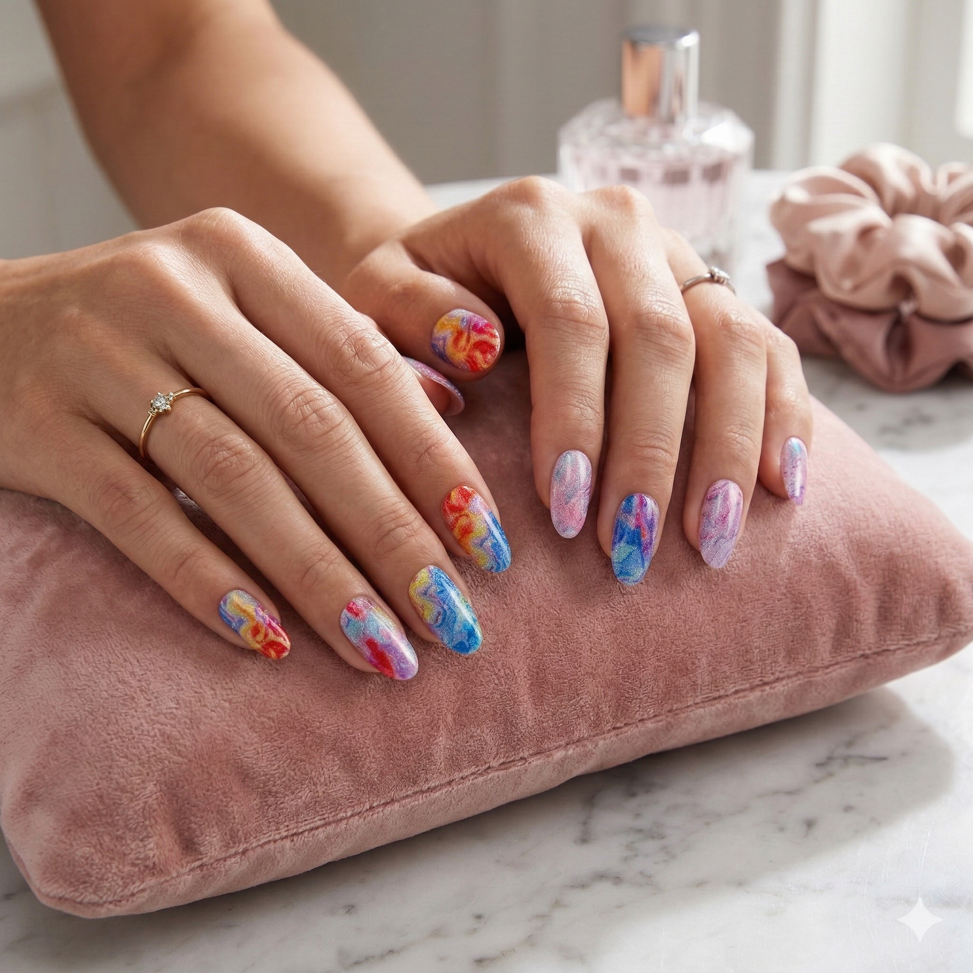 Close-up of hands with colorful nail art resting on a pink pillow.