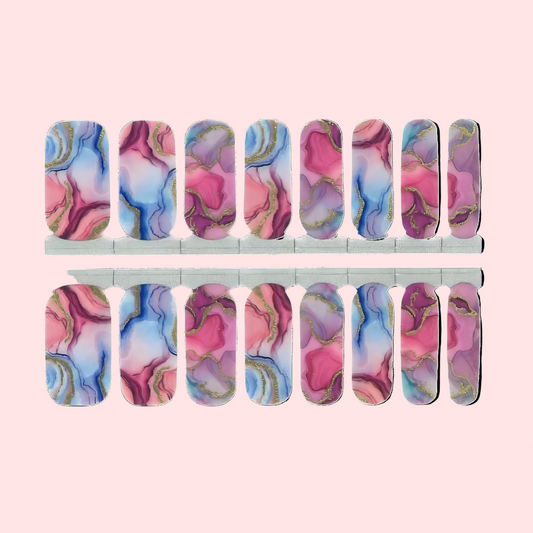 Set of nail wraps with colorful marble design on a white background
